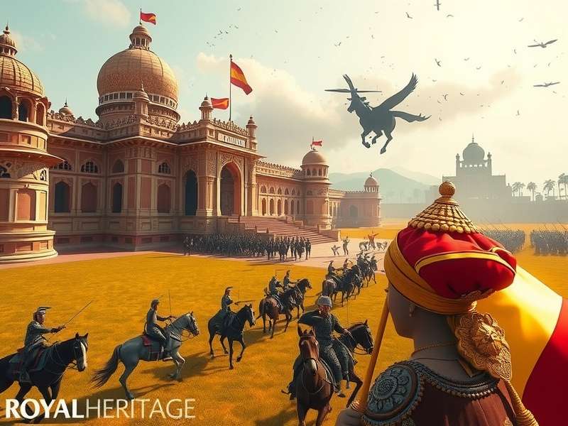 Royal Heritage game screenshot showing a grand palace and historical battle